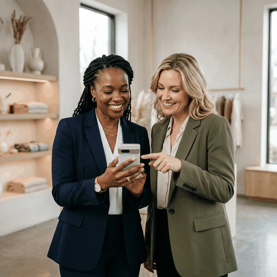 Happy entrepreneur using WinSafy on smartphone